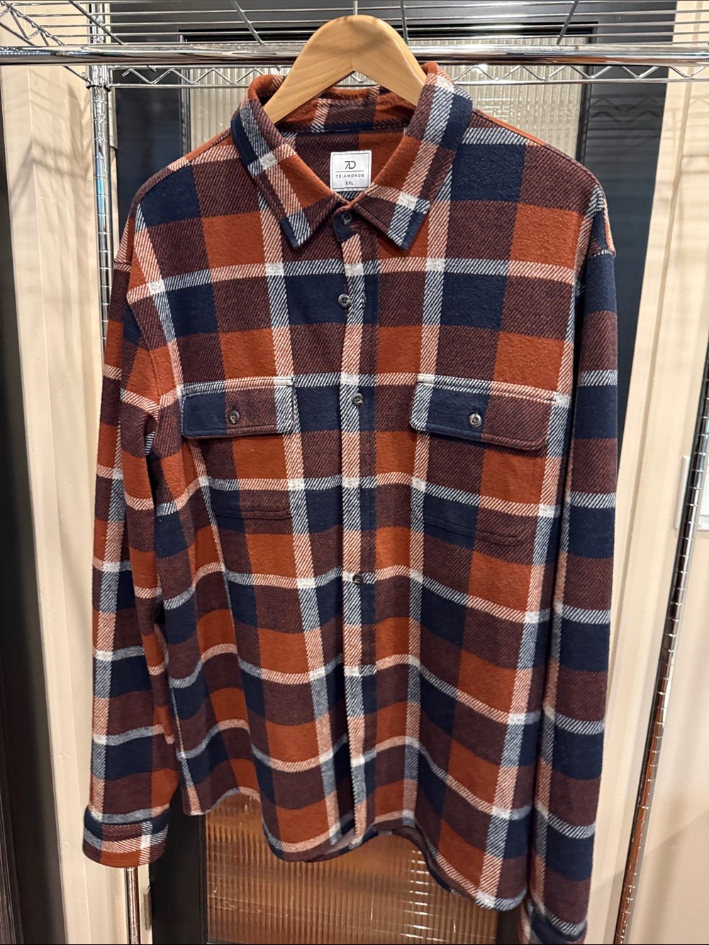 7Diamonds Men’s XXL Rust Navy Plaid Flannel Shirt Long Sleeve Brushed